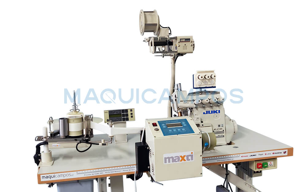 Juki MO-6714DA + Maxti MC-M6 e MK-SP Máquina de Costura Corte e Cose com Alimentador Lateral Digital e Dispositivo de Esparguete