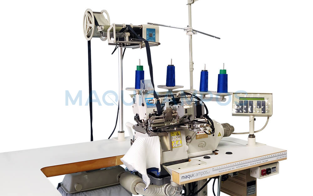 Pegasus MX5114-03/333N + Maxti MCA-18K Máquina de Coser Overlock de Base Cilíndrica con Alimentador con Inserción Automática de Elásticos